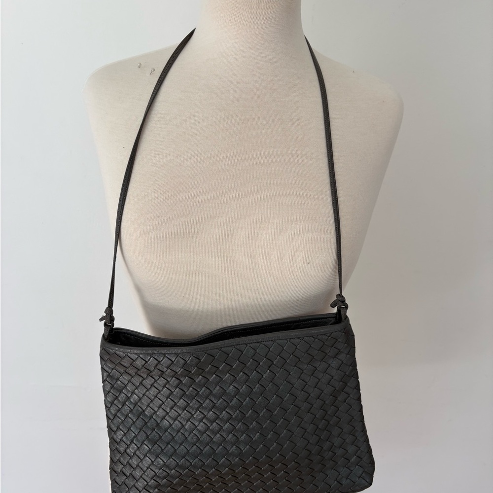 Meyers USA Woven Leather Shoulder Bag Gray Intrecciato Style Crossbody - Picture 2 of 8